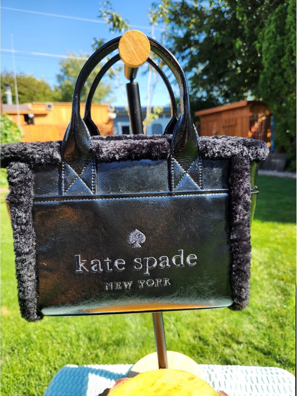 Kate Spade Black Faux Shearling Small Tote Bag with Detachable Strap